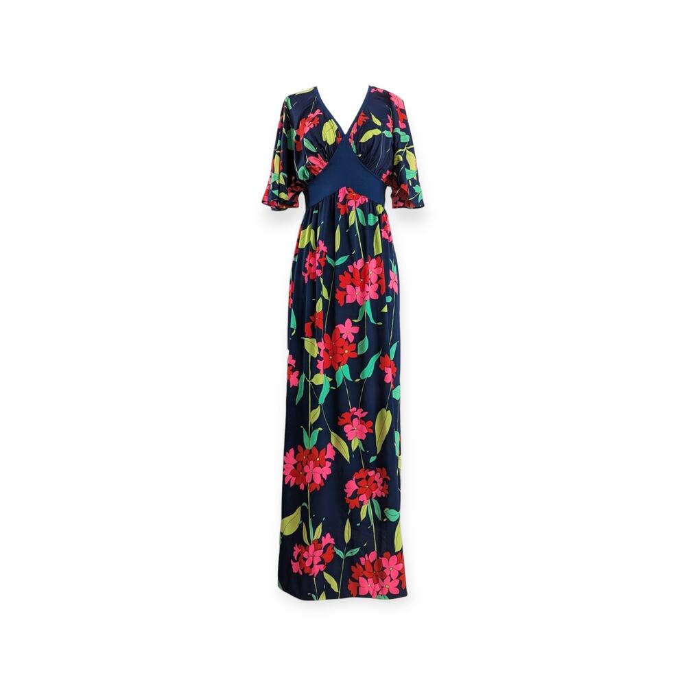 70s Olga nylon gown in neon Hawaiian Flower Print on navy